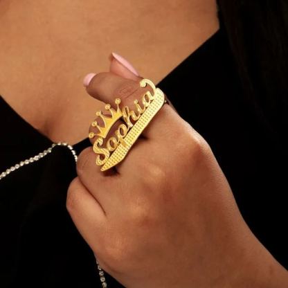 [Copy]Two Finger Ring Custom Gold Plated Name Ring