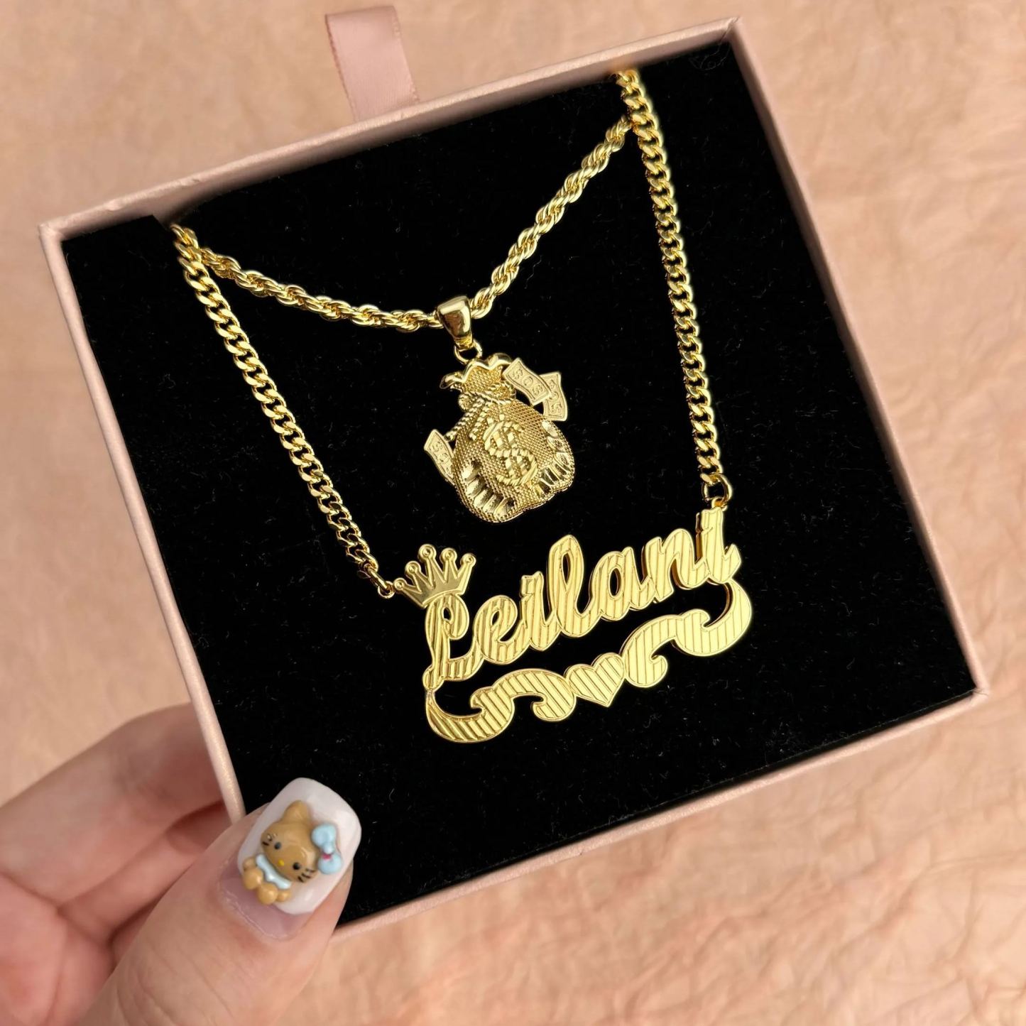 Personalized Double Plated Heart Name Necklace And Money Bag Necklace