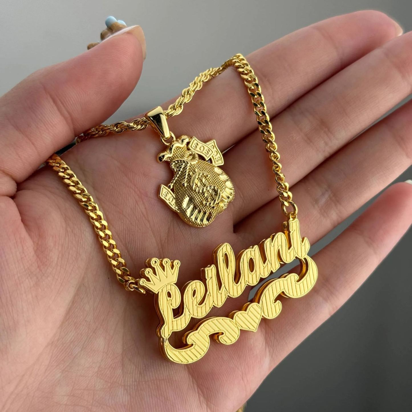 Personalized Double Plated Heart Name Necklace And Money Bag Necklace