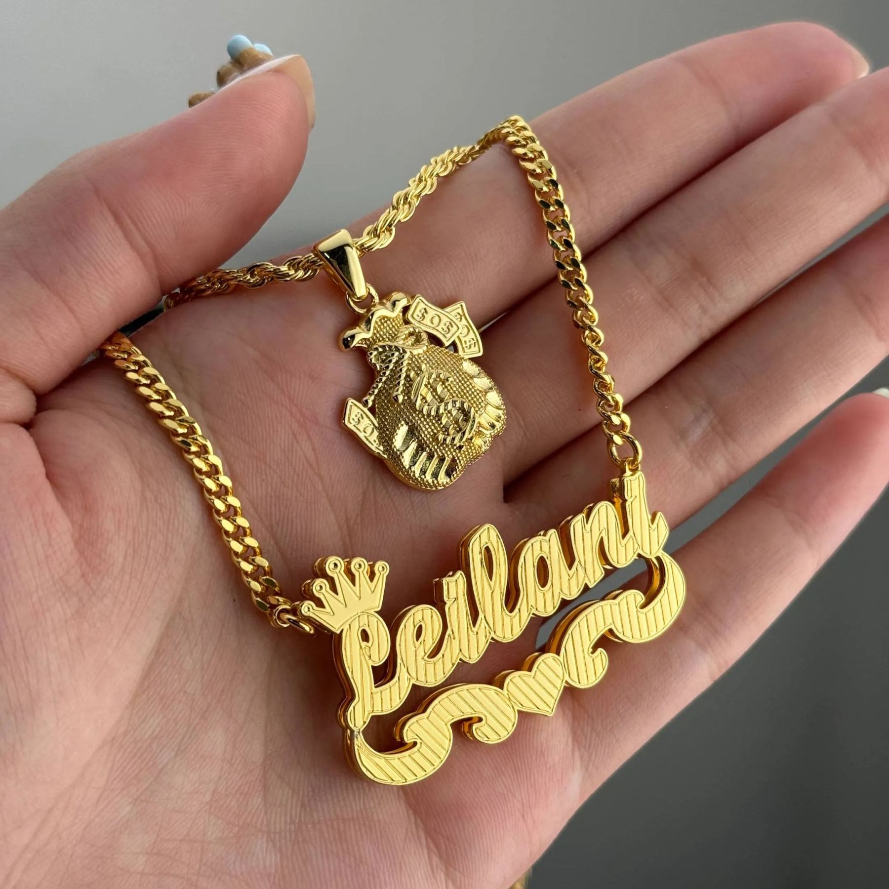 Personalized Double Plated Heart Name Necklace And Money Bag Necklace