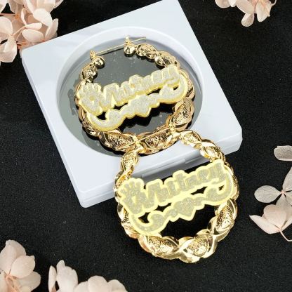 Acrylic Nameplated XOXO Bamboo Earrings Gold Plated Custom Name Earrings