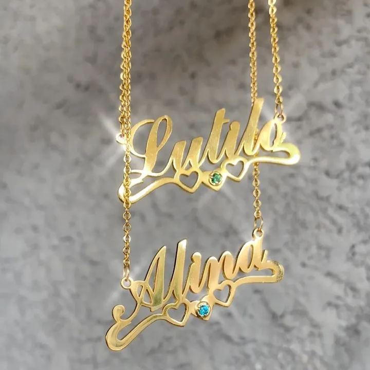 Three Heart and Birthstone Personalized Custom Name Necklace Gift For Love