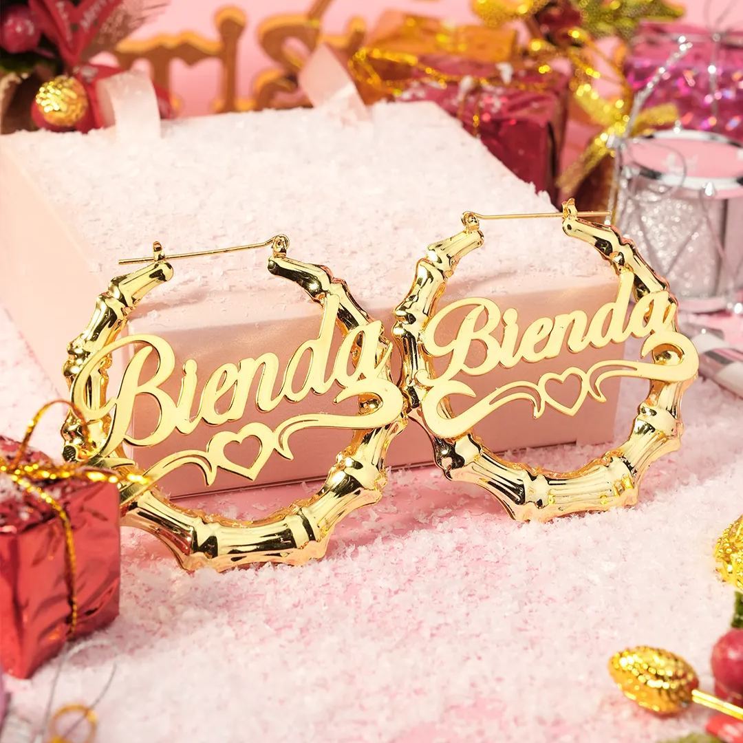 Bamboo Hoop with Heart Personalized Custom Name Earrings Gold Plated