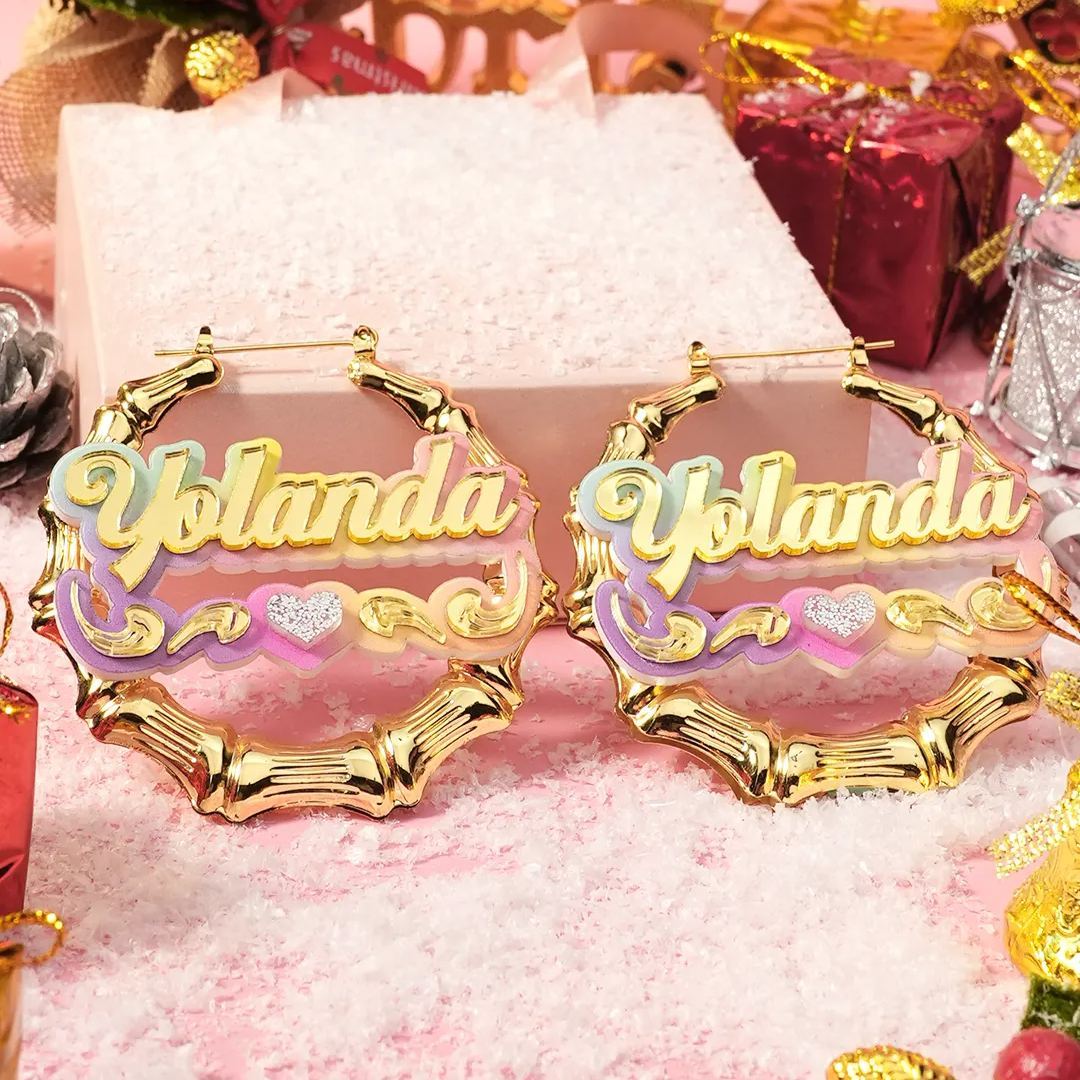 Personalized Colorful Acrylic Name with Heart Bamboo Hoop Earrings