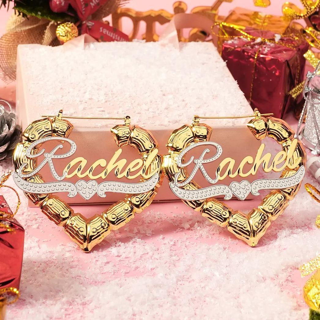 Personalized Custom Two Tone Heart Shape Bamboo Name Earrings