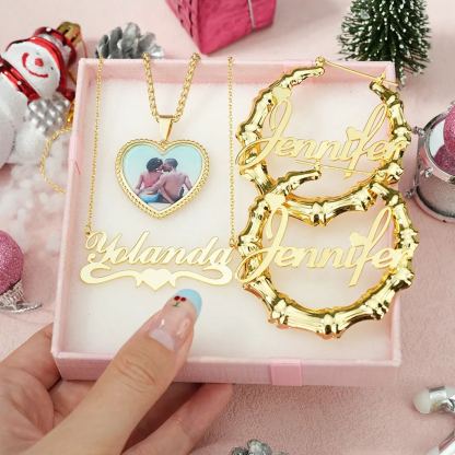 Heart Pendant Personalized Photo Necklace Name Necklace And Bamboo Earrings 3 Piece Set