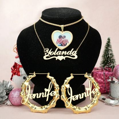 Heart Pendant Personalized Photo Necklace Name Necklace And Bamboo Earrings 3 Piece Set