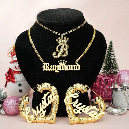 Crown Nameplated Pendant Personalized Initial Necklace Name Necklace And Bamboo Earrings 3 Piece Set