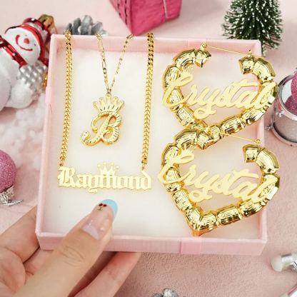 Crown Nameplated Pendant Personalized Initial Necklace Name Necklace And Bamboo Earrings 3 Piece Set
