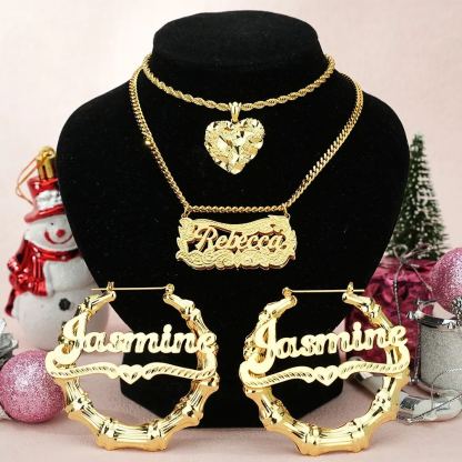 Personalized Double Layer Name Necklace Bamboo Name Earrings and Nugget Heart Necklace Set