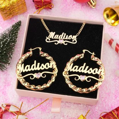Personalized Heart Name Necklace And Name Earrings Birthstone Jewelry Set
