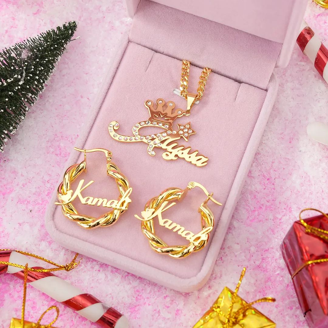 Personalized Custom Gold Plated Crown Name Necklace Mini Hoop Earrings Set For Kids