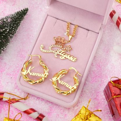 Personalized Custom Gold Plated Crown Name Necklace Mini Hoop Earrings Set For Kids