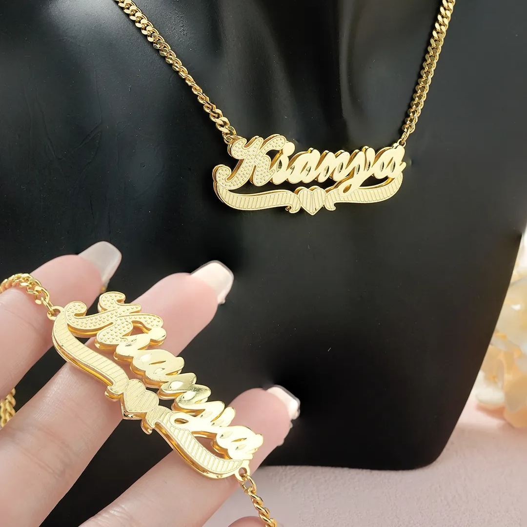 Double Layer With Heart Nameplate Personalized Custom Gold Plated Name Necklace and Bracelet Set