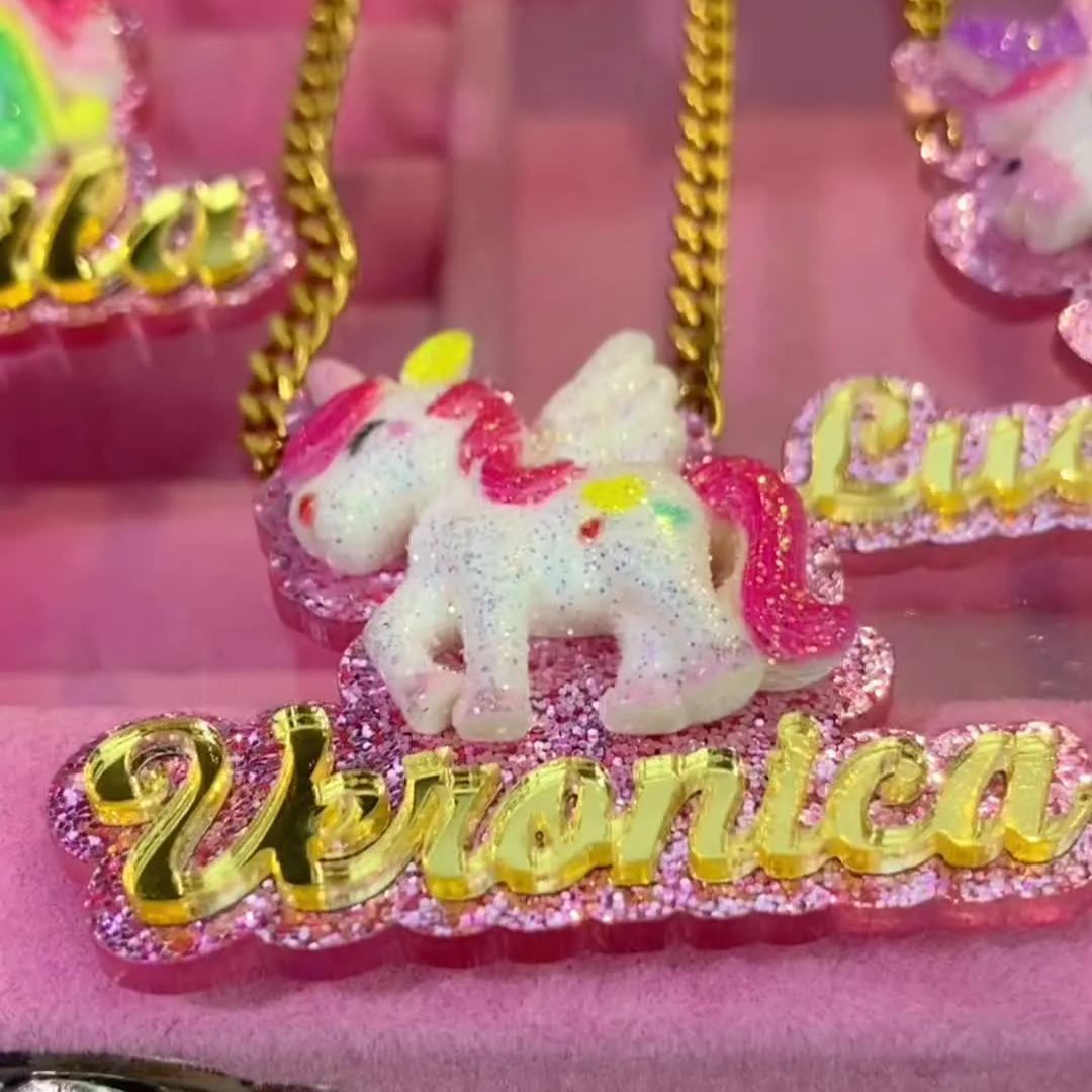 Cute Unicorn Personalized Pink Acrylic Name Necklace for Kids