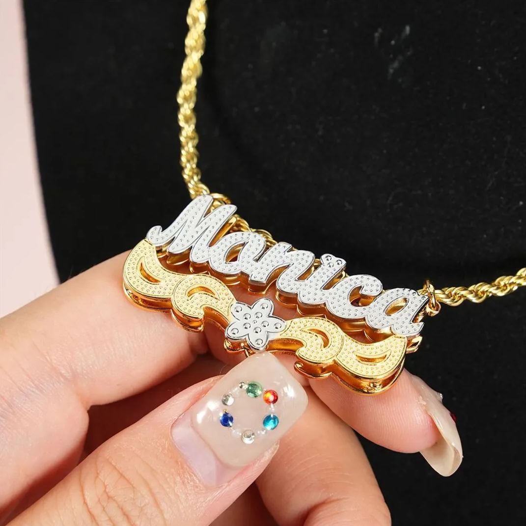 Double Plate Two Tone Flower Personalized Custom Name Necklace with Little Heart 