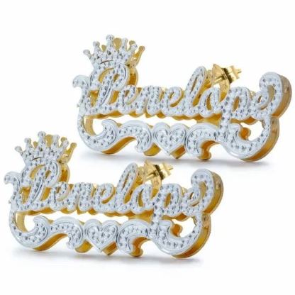 Personalized Custom Double Layer Nameplate with Crown And Heart Name Stud Earrings-silviax
