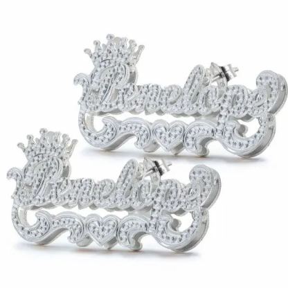 Personalized Custom Double Layer Nameplate with Crown And Heart Name Stud Earrings-silviax