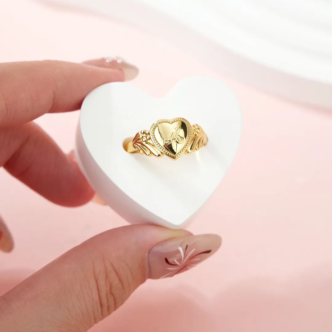 Gold Plated Cursive Initial Ring With Heart