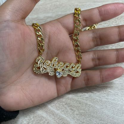 Custom Double Plated Name Necklace With Birthstone And Heart