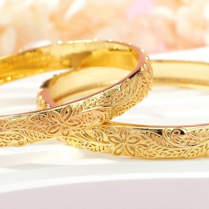 3D Diamond Cut Plumeria Flower Design Nugget Style Gold Plated Bangle Bracelet