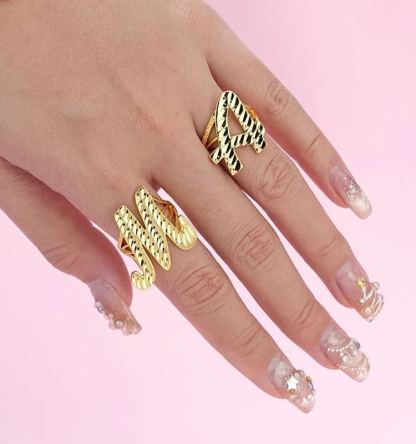 Nugget Ring Personalized Cursive Initial Letter Diamond Cut Ring