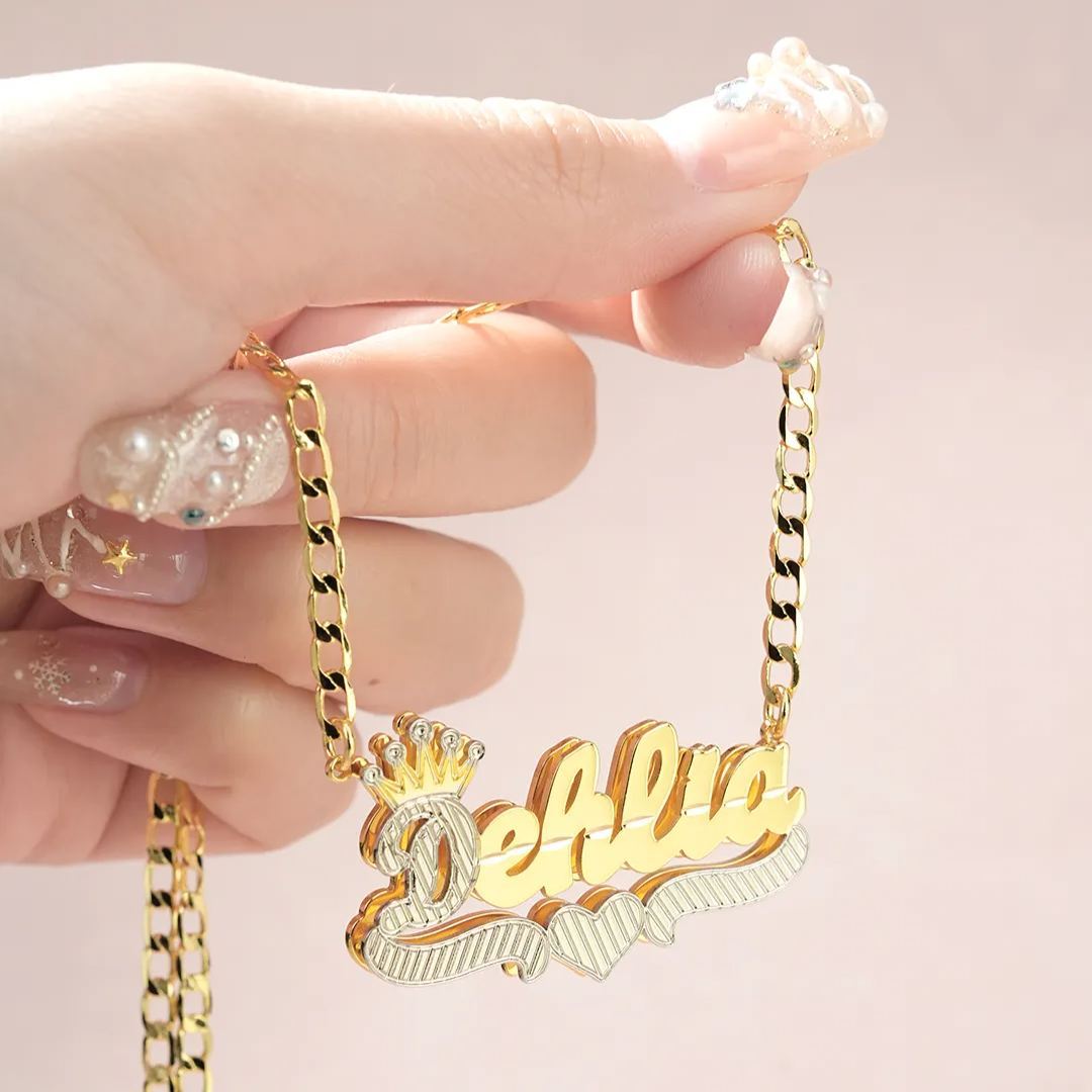 Double Layer Two Tone Nameplate Crown Heart Personalized Custom Gold Plated Name Necklace