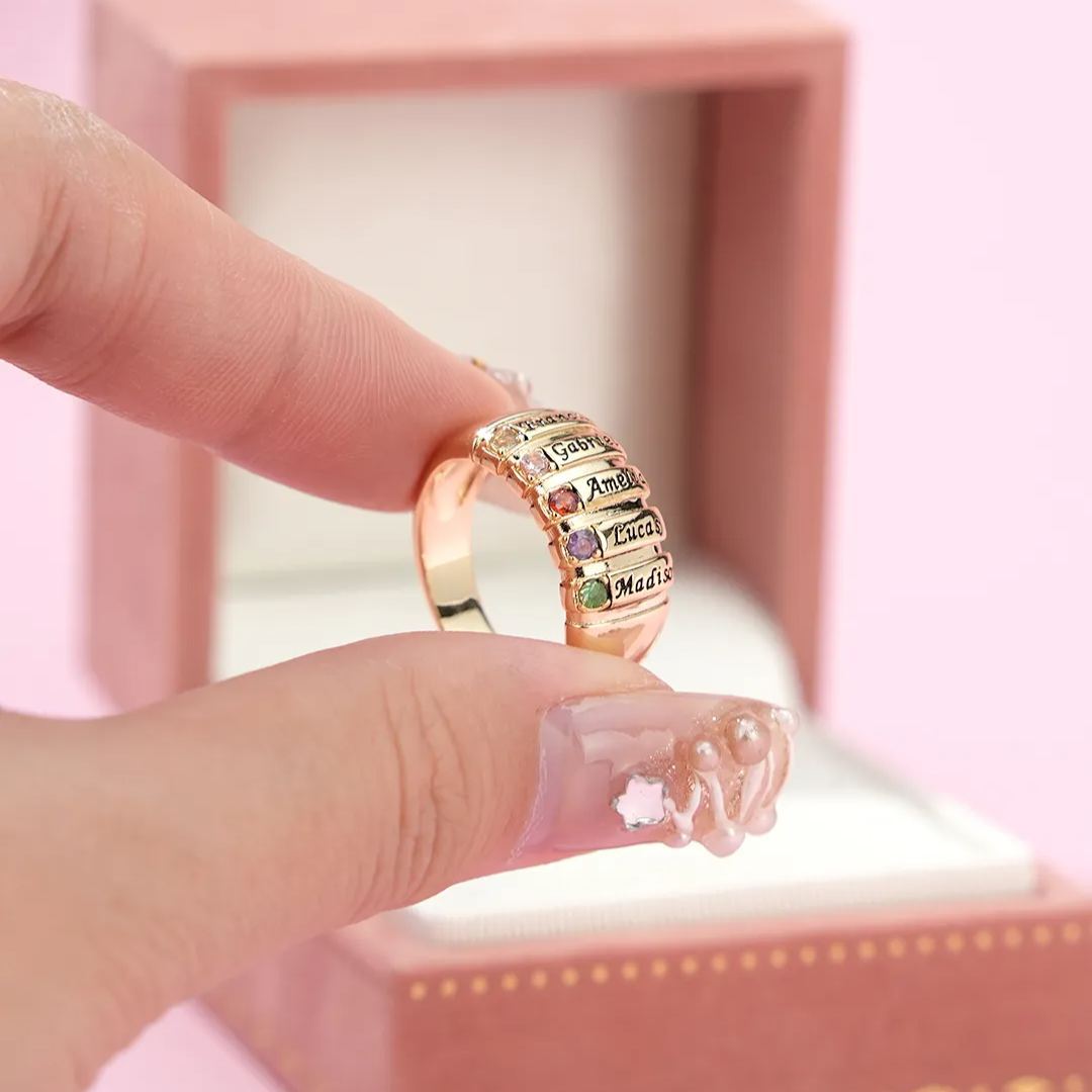 3 To 6 Names With Birthstone Gold Plated Personalized Custom Engraved Family Ring