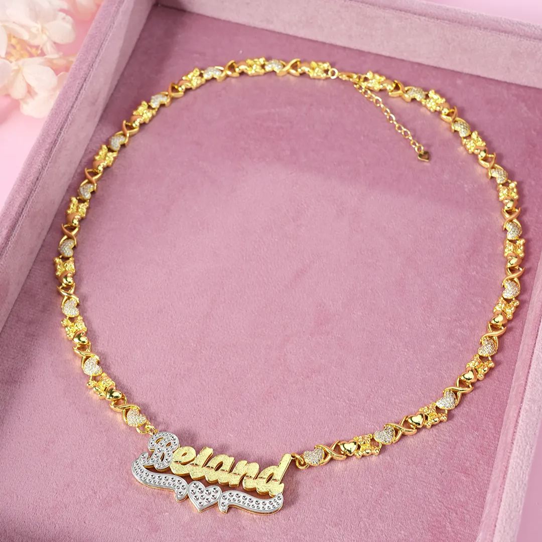 Teddy Heart XOXO Chain Double Layer Two Tone with Heart Personalized Custom Gold Plated Name Necklace
