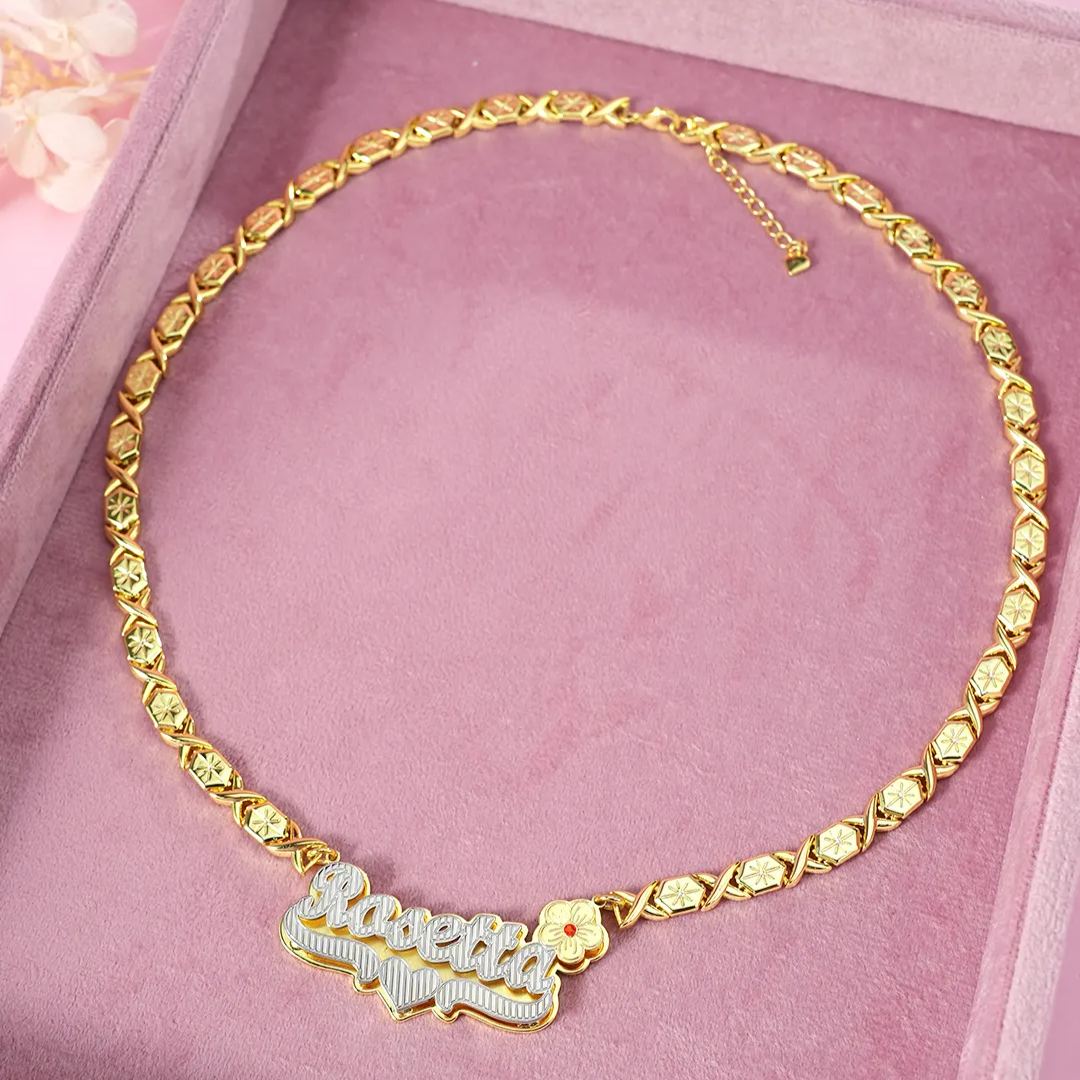 Double Plate Birthstone Flower Heart Name Necklace with XOXO Chain 
