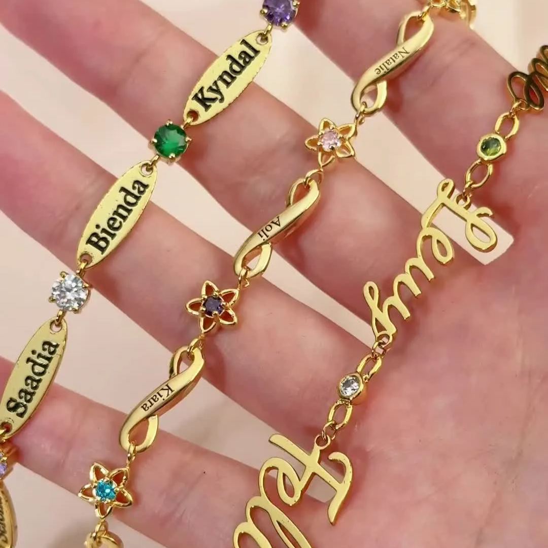 3 TO 6 Names With Birthstone Personalized Custom Gold Plated Engraved Bracelet Family Gift