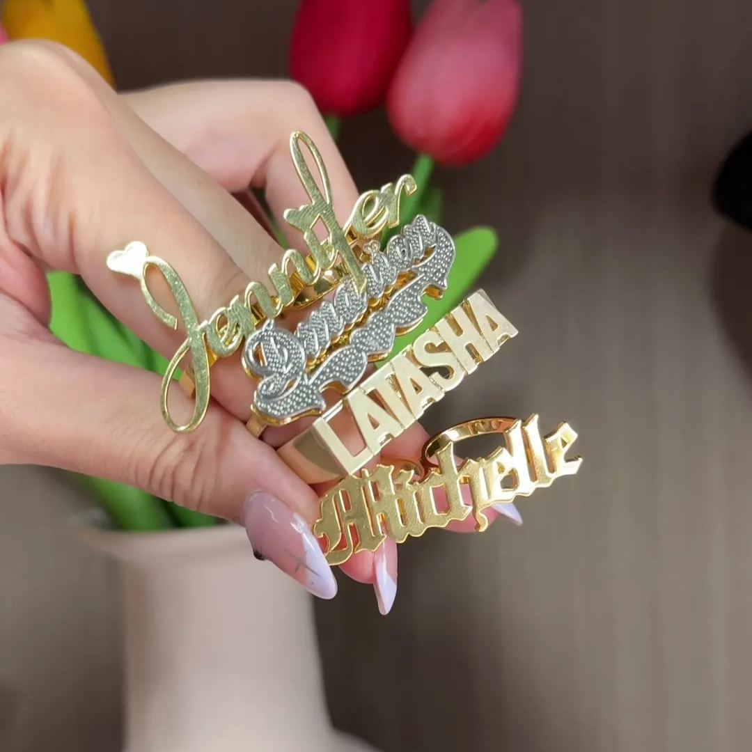 Two Finger Ring Personalized Custom Gold Plated Adjustable Love Heart Name Ring