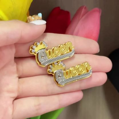 Double Plate Two Tone with Crown Nameplate Personalized Custom Name Stud Earrings