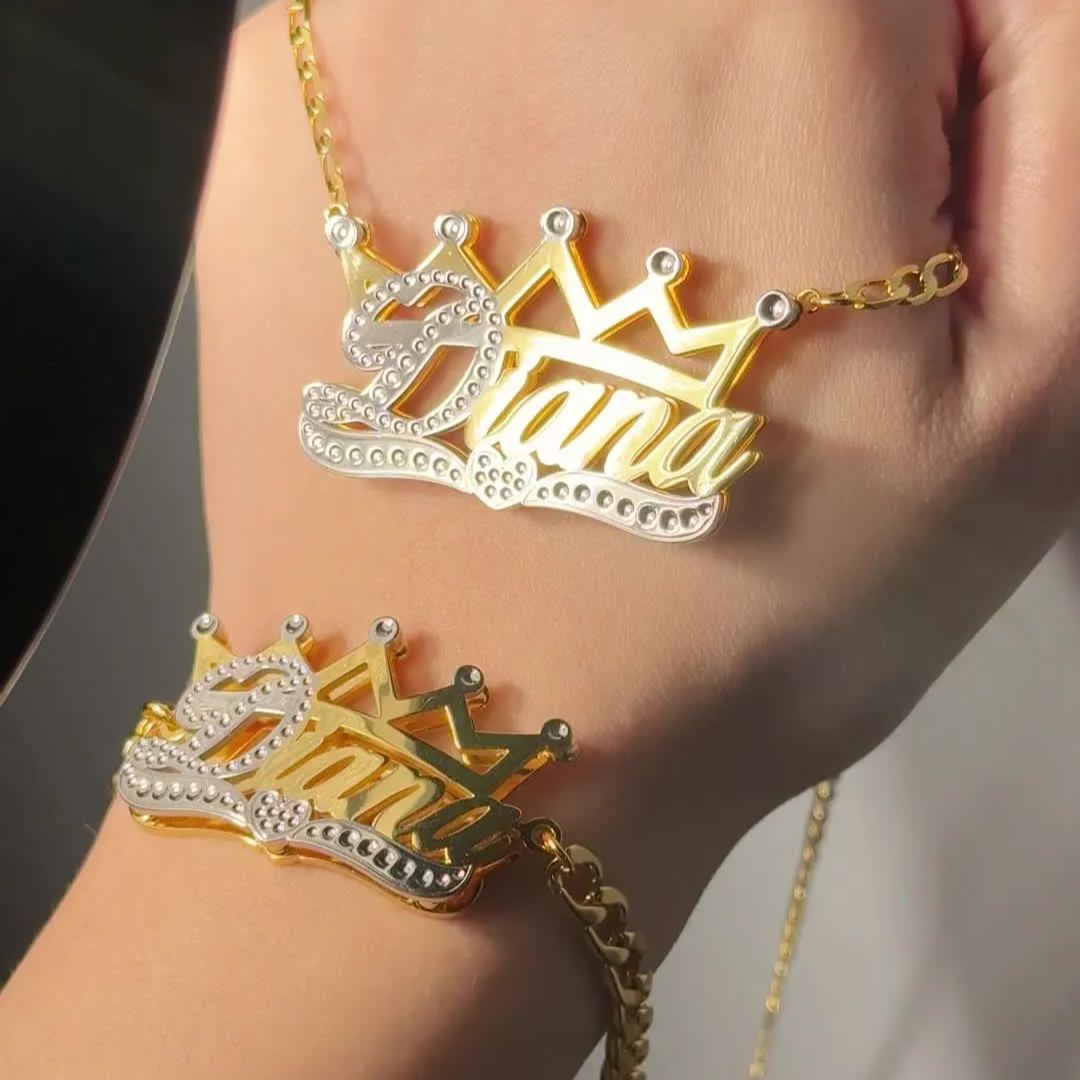 Double Layer Crown Nameplated Personalized Name Necklace And Name Bracelet Set