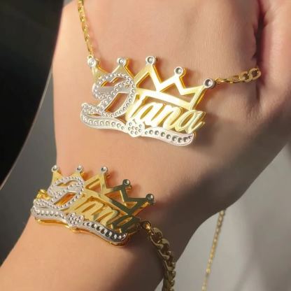 Double Layer Crown Nameplated Personalized Name Necklace And Name Bracelet Set