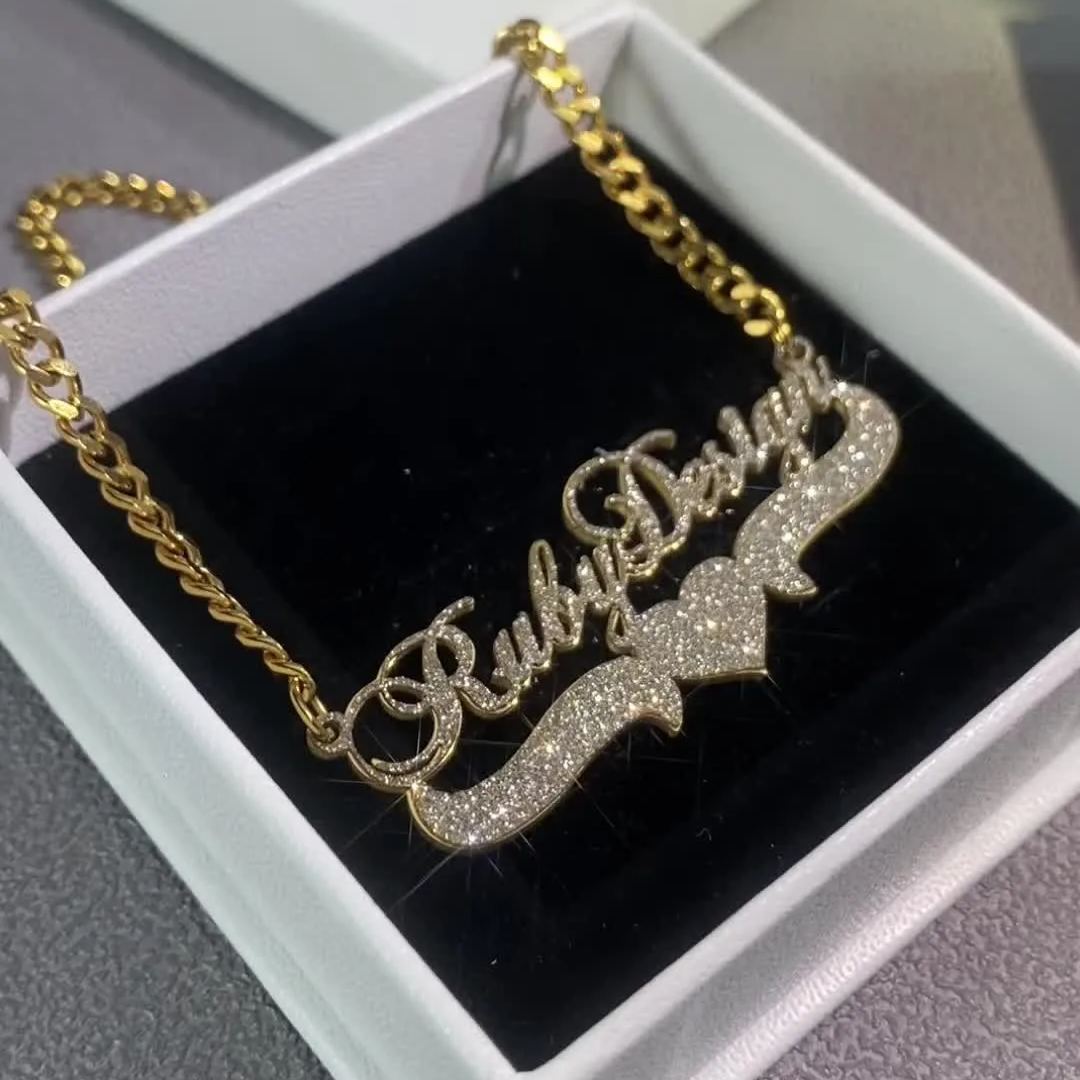 Two Tone with Heart Gold Plated Personalized Custom Bling Name Necklace