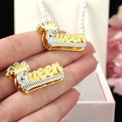 Double Plate Two Tone with Crown Nameplate Personalized Custom Name Stud Earrings