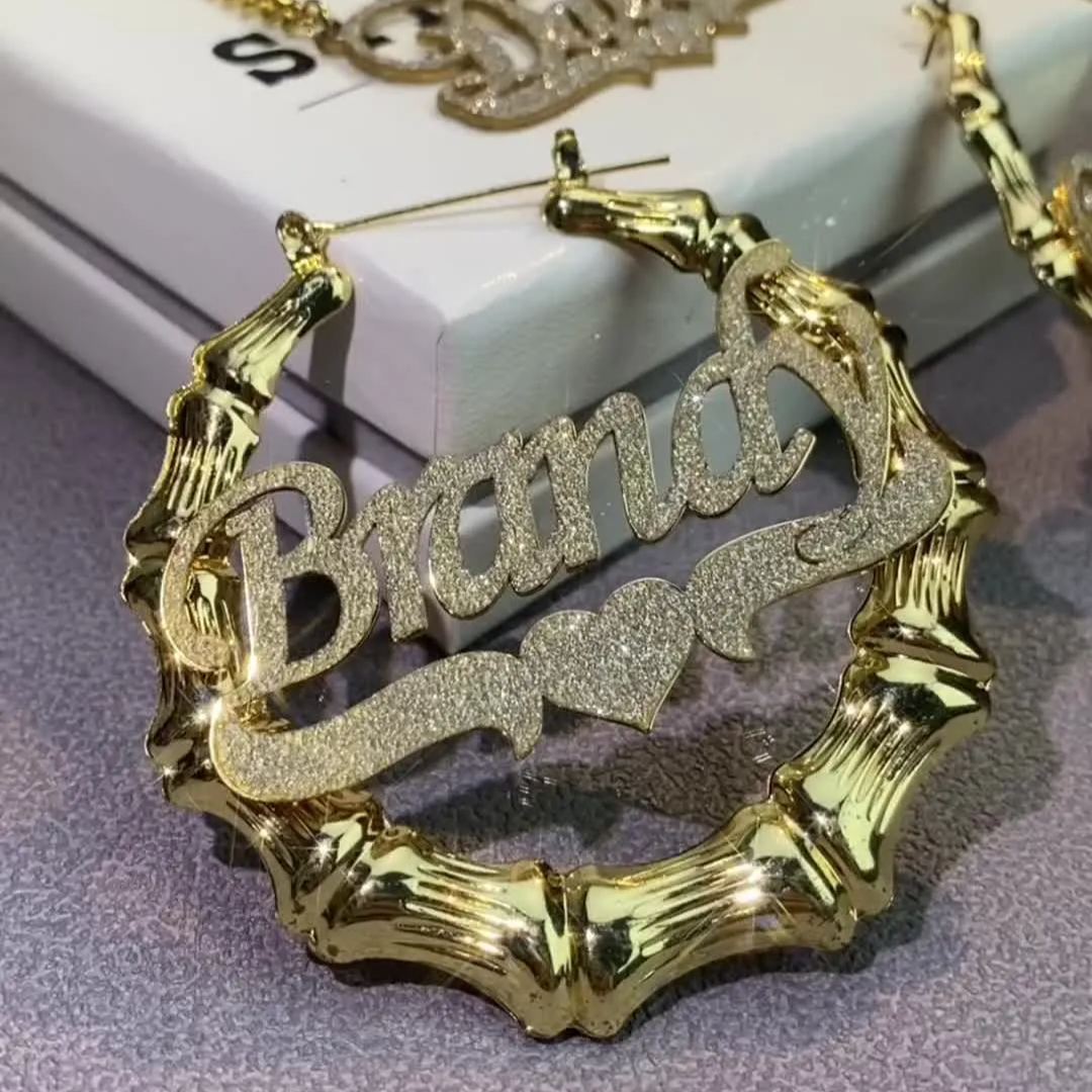 Two Tone Heart Bamboo Earrings Personalized Gold Plated Name Earrings