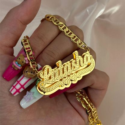 Double Layer Two Hearts Nameplated Pendant Personalized 3D Name Necklace