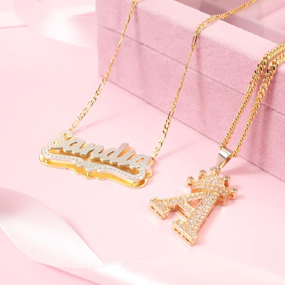 Double Layer Name Necklace with Heart and Initial Necklace with Crown Personalized Jewelry Set