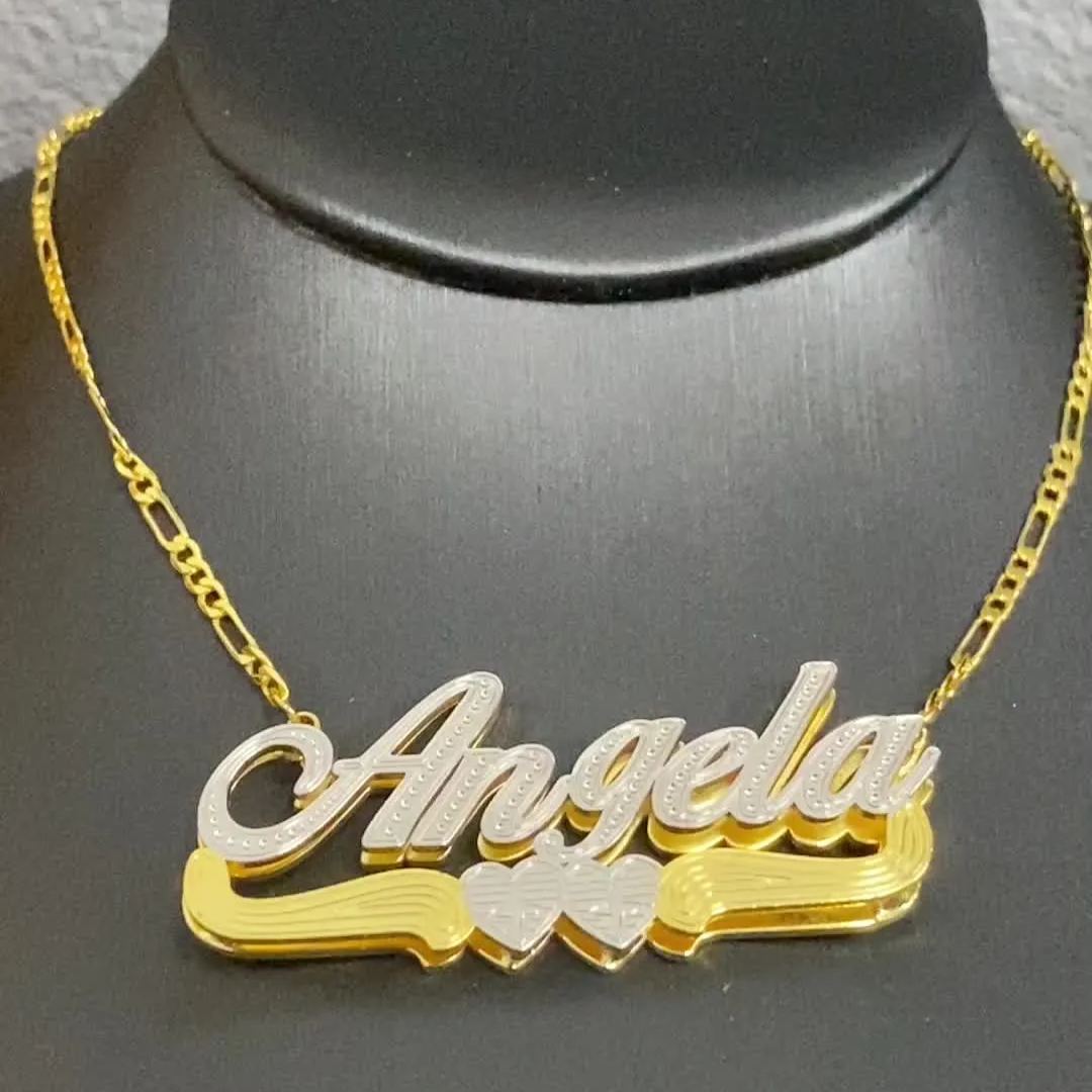 Two Tone Double Plate Gold Plated Personalized Two Heart 3D Name Necklace