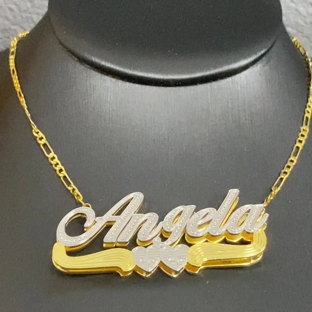 Two Tone Double Plate Gold Plated Personalized Two Heart 3D Name Necklace