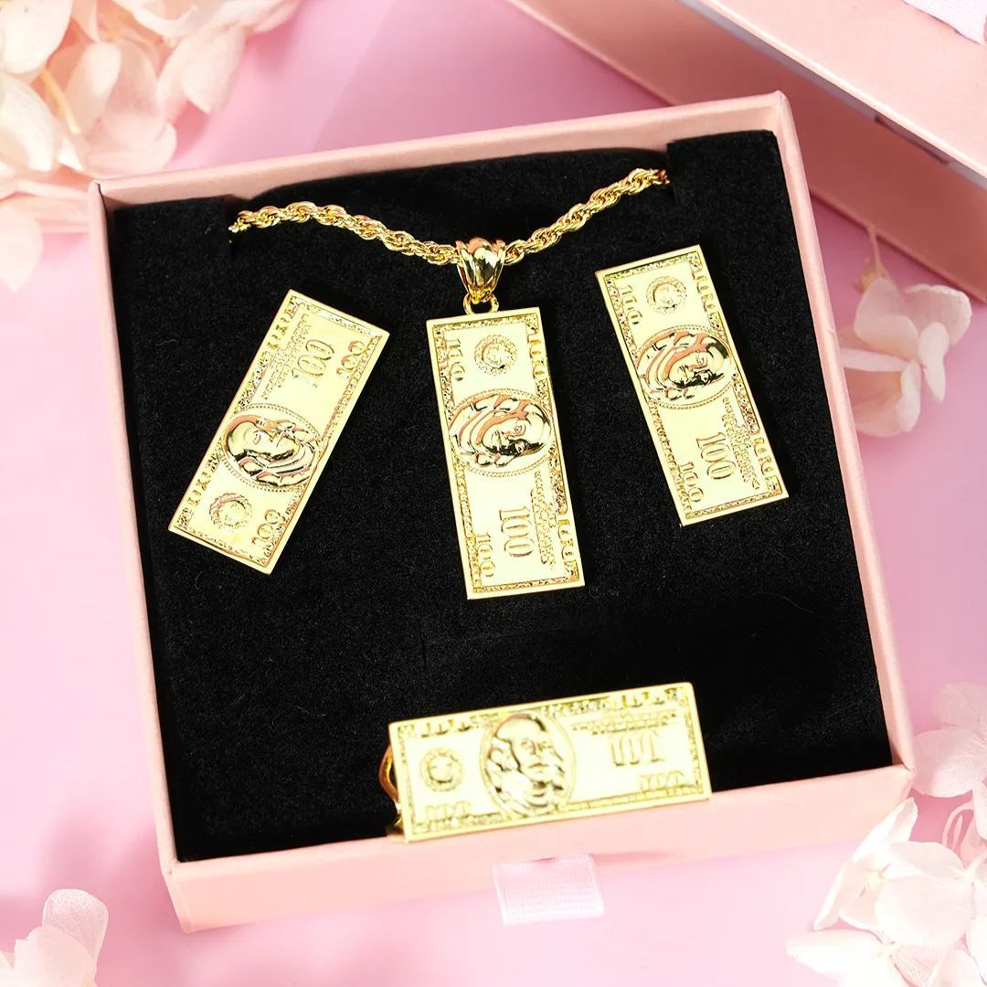 $100 Bill Set Gold Plated Necklace Ring and Stud Earrings