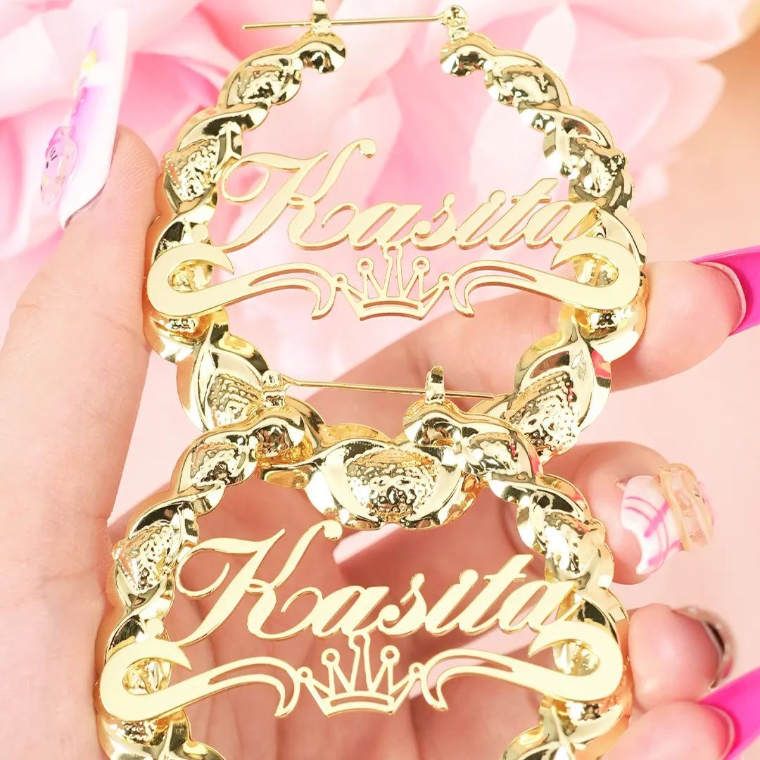 XOXO Bamboo Crown Nameplate Personalized Hoop Name Earrings