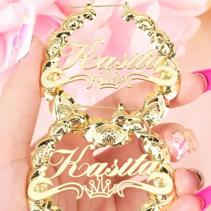 XOXO Bamboo Crown Nameplate Personalized Hoop Name Earrings 