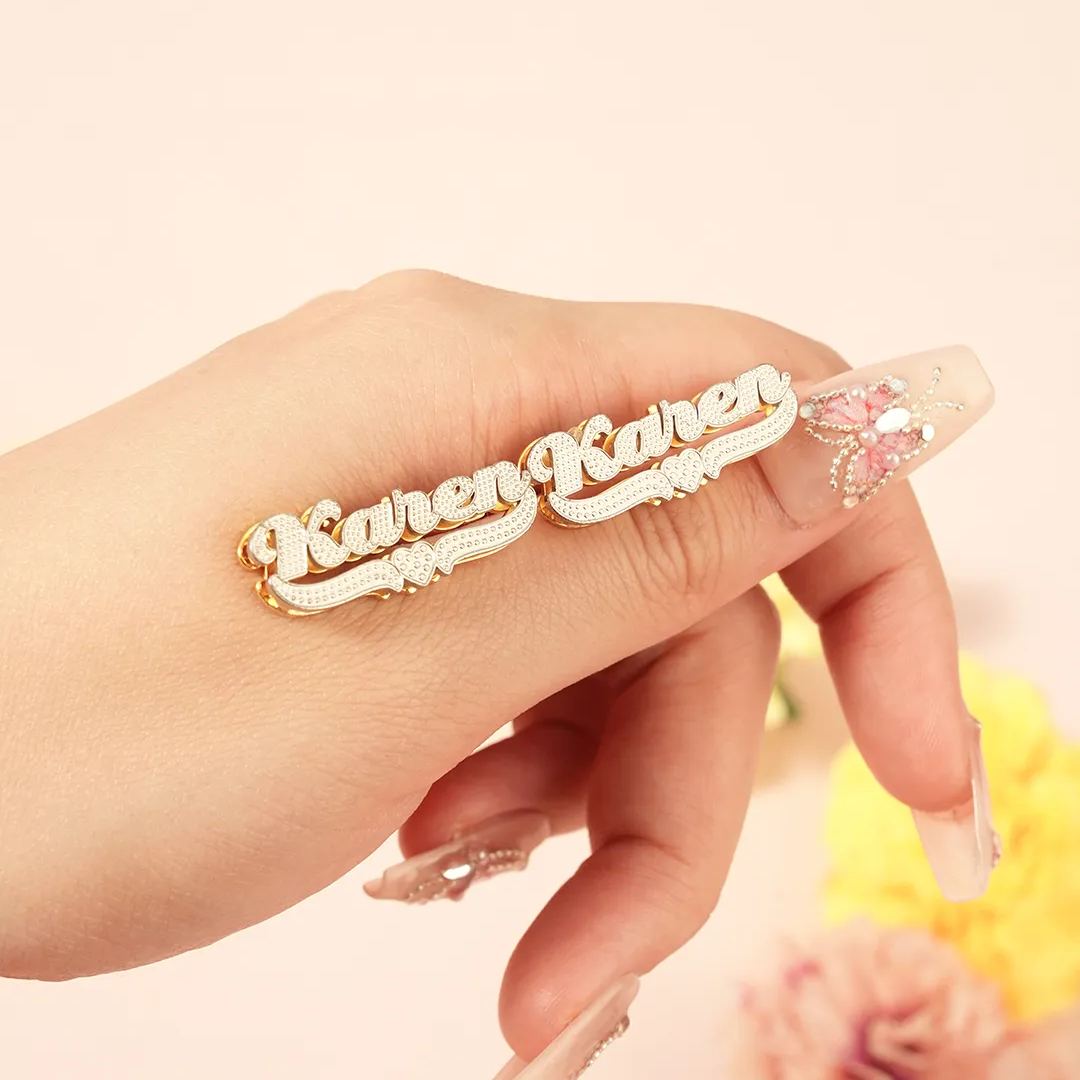 Double Layer Two Tone Personalized Custom Name Stud Earrings with Heart