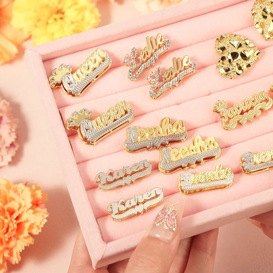 Double Layer Two Tone Personalized Custom Name Stud Earrings with Heart