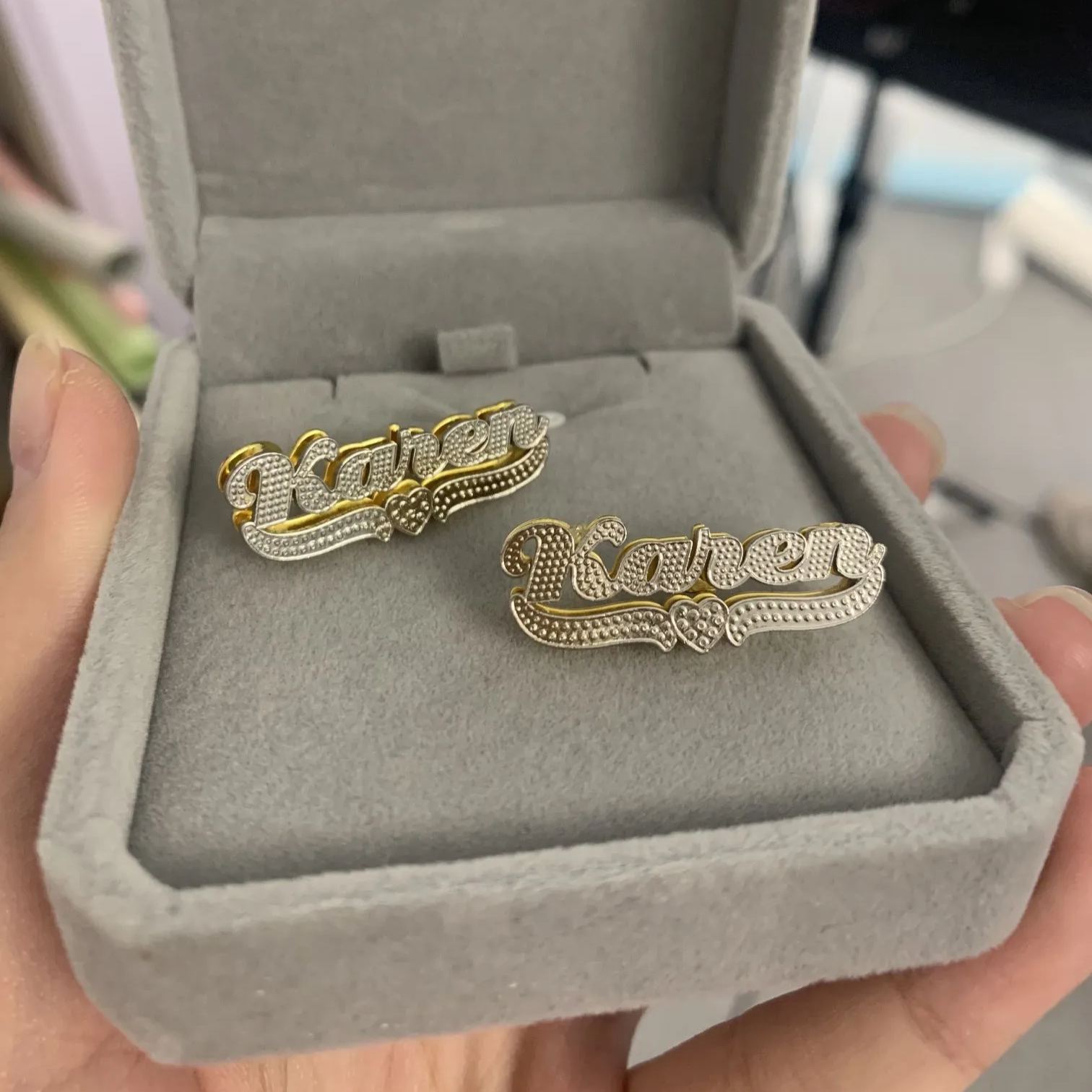 Double Layer Two Tone Personalized Custom Name Stud Earrings with Heart