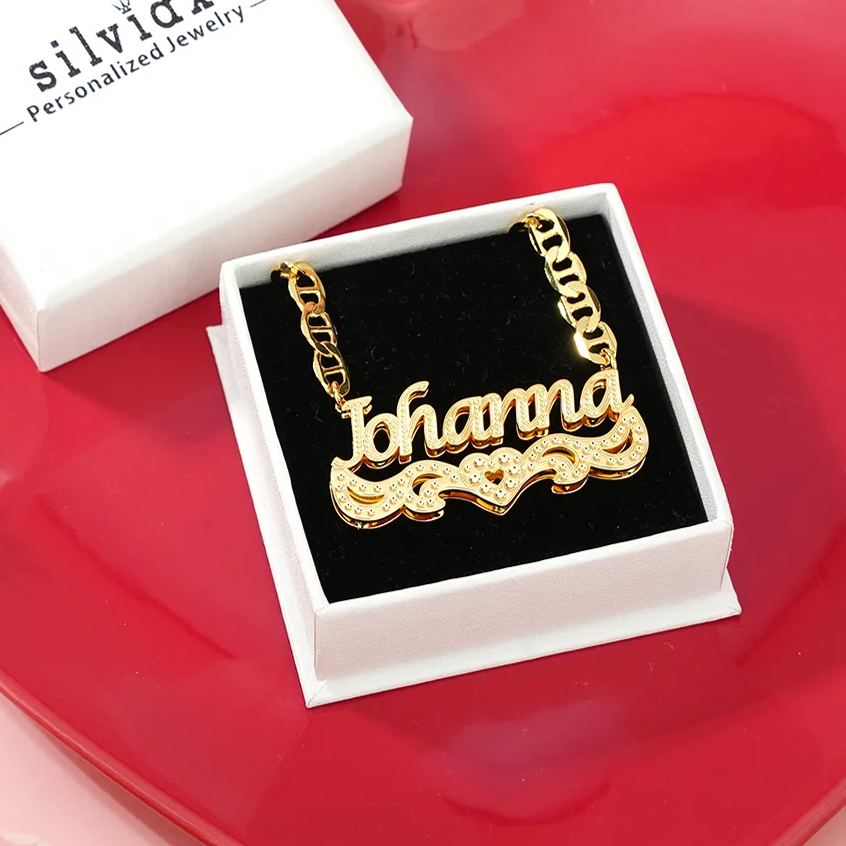 Double Layer Nameplate with Heart Mariner Chain Personalized Name Necklace 