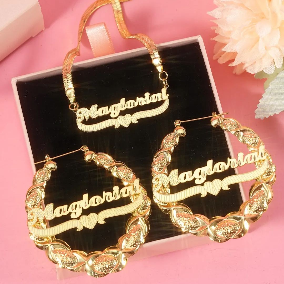 Snake Chain Double Layer Heart Name Necklace And XOXO Bamboo Earrings with Heart Jewelry Set